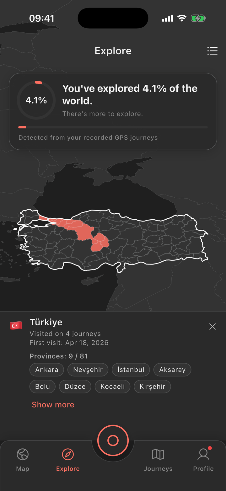 Explorar en MapSeek: el 4,1 % del mundo explorado, con Turquía seleccionada y 9 de 81 provincias visitadas.