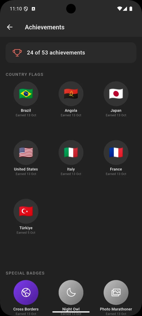 The achievements screen: 24 of 53 earned, with country flags and special badges.