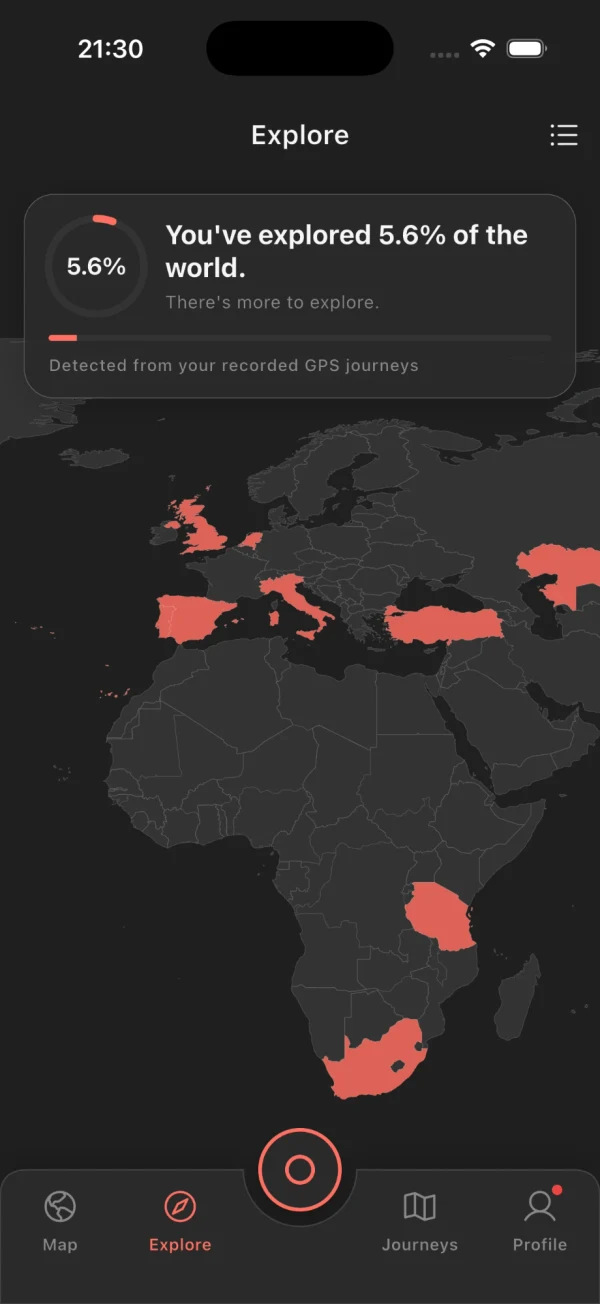 The Explore screen: 5.6% of the world explored, with countries in Europe, Asia and Africa highlighted.