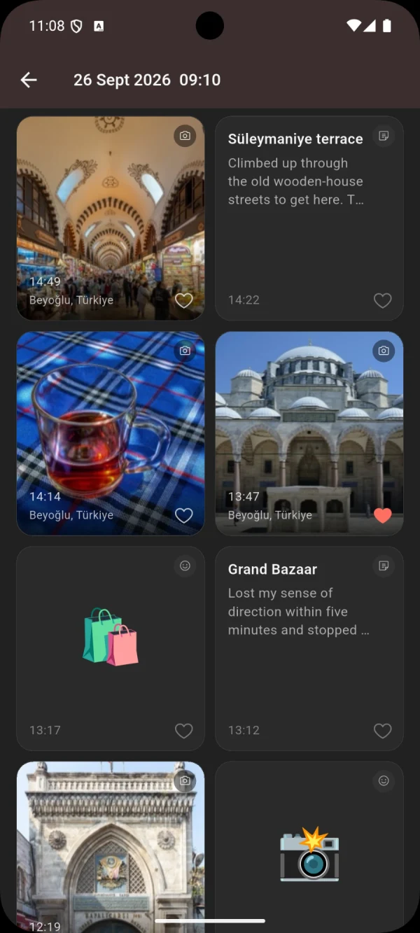A grid of photos and notes from a day in Istanbul, including Hagia Sophia and Sultanahmet Square.