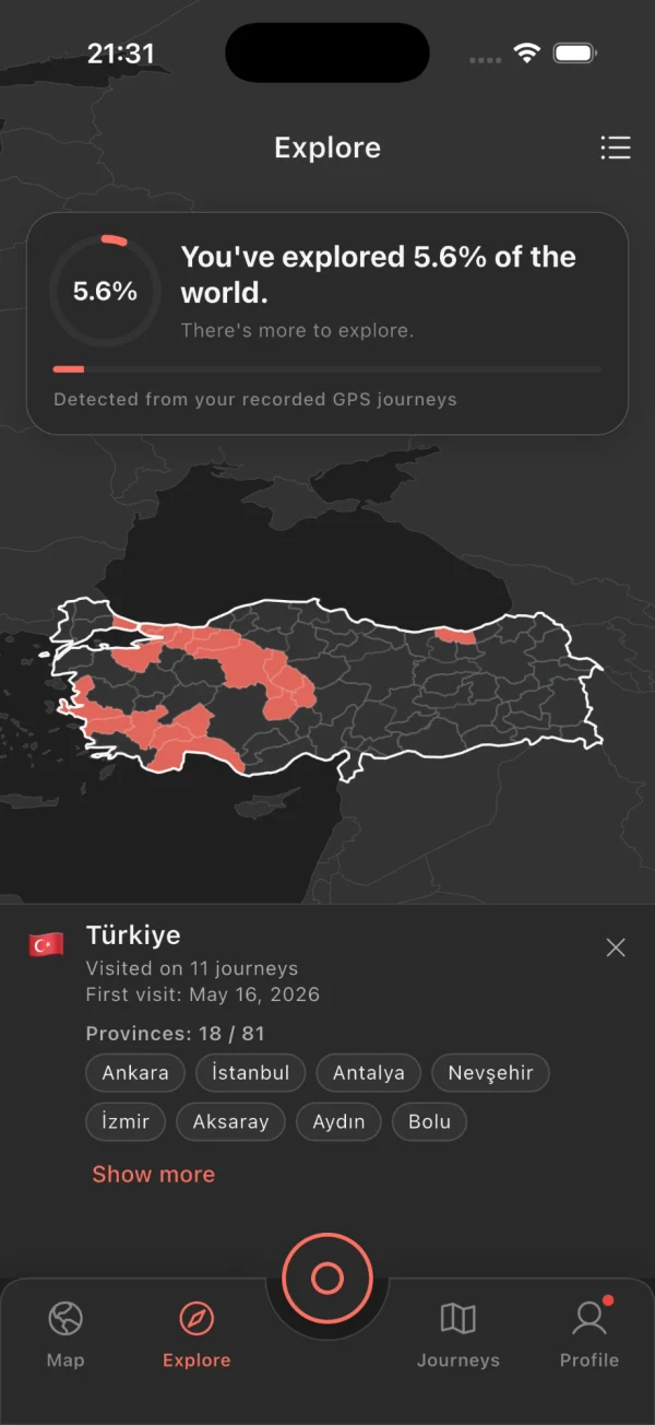 Türkiye selected in Explore: visited on 11 journeys, first visit May 16, 2026, 18 of 81 provinces, including Ankara, İstanbul, Antalya and İzmir.