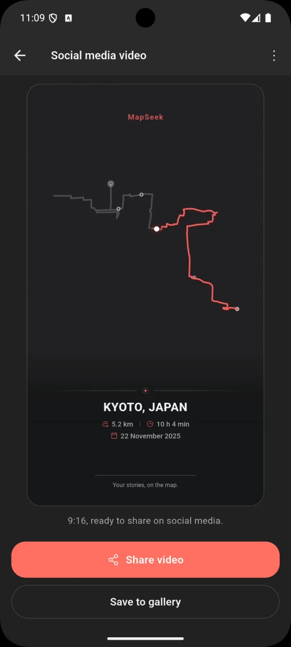 A 9:16 video of a Kyoto journey, showing the route, its distance and duration, ready to share.