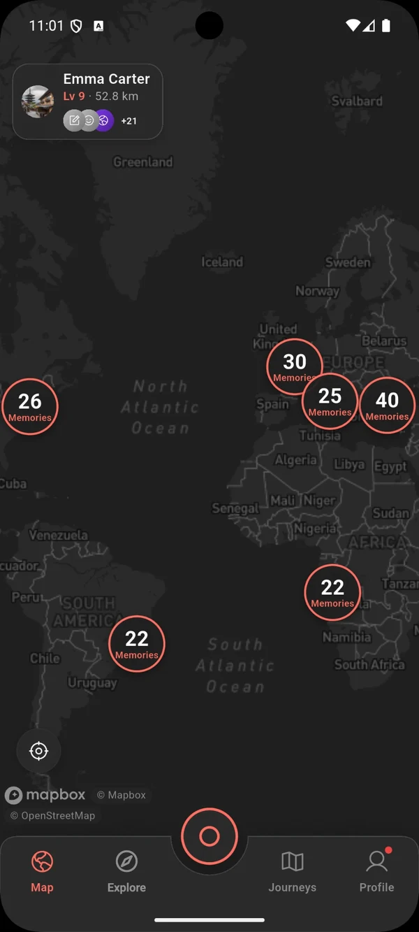 The MapSeek world map with memory clusters in North America, Europe, Africa and South America.